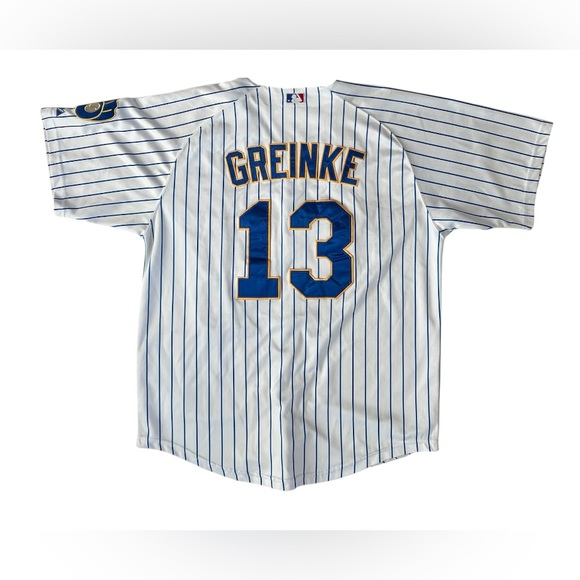 Vtg Majestic Milwaukee Brewers Zack Greinke #13 Men’s White Pinstripe Jersey 52 - Picture 2 of 6